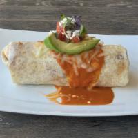 Burrito Mojado · Rice beans cheese, pico de gallo, chicken or steak, red and green salsa.