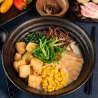 Vegetable Ramen · Meat free broth, fried tofu, spring mix nori, bamboo, corn and scallion.