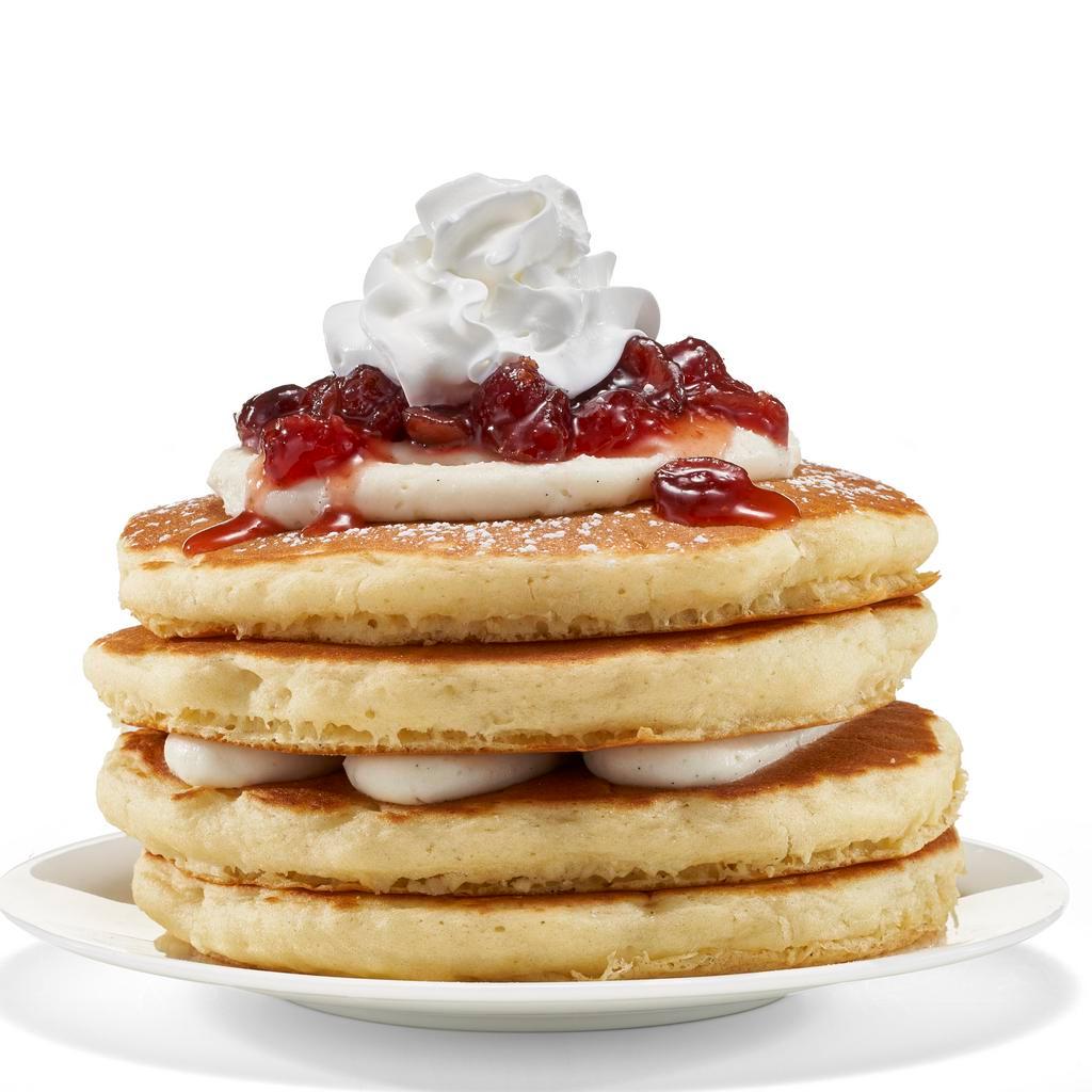 NEW! Cranberry Vanilla Pancakes (Full Stack) · Four fluffy buttermilk pancakes topped with creamy vanilla bean mousse, cranberry topping, whipped topping, and a dusting of powdered sugar. 