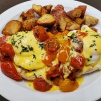 Garden Benedict · Sweet peppers, onions, mushroom, spinach, tomatoes.