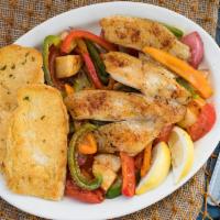 Tilapia and Veggie Tray · For 4 people. Grilled tilapia, sliced bell peppers, onions,  tomatoes, potatoes in our signa...