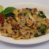 Pad Ke Mao · Rice noodles, chili, garlic, and basil with meat. Vegetarian. Spicy.