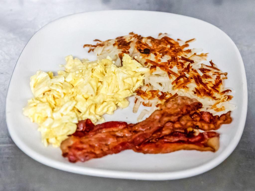 Classic American Breakfast  · Your choice of applewood smoked bacon, patty sausage, Virginia smoked ham, turkey sausage, or chicken apple sausage with 2 egg any style. Served with hash browns or grits and choice of toasts and biscuits, or pancakes