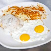 Country Breakfast · 2 eggs any style, hash browns, and biscuit with sausage gravy.