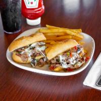 Philly Cheese & Steak on Sub · Steak, mozzarella cheese, grilled onions, bell peppers, mushrooms on sub