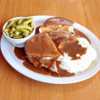 Hot Roast Beef · Roast beef sandwiched between 2 slices of Vienna bread, served with mashed potatoes and smot...