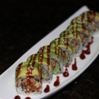 Dragon Roll · Cucumber with sliced avocado with eel sauce and masago.