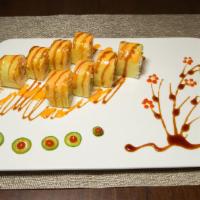 Sunny Roll · Tempura shrimp, cream cheese, spicy crabmeat, mango and avocado with soy paper.