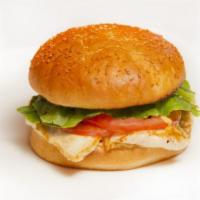 Chicken Burger · Grilled chicken breast, lettuce, tomatoes, red onions, pickles, mustard and mayo.