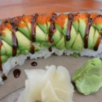 S16. Green Dragon Roll · 10 pieces. Eel, cucumber, avocado, tobiko and sweet sauce on top.