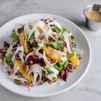 Siciliana · Radicchio, spinach, orange, olives, shaved fennel, pistachios, and balsamic vinaigrette.