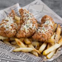 Garlic Chicken Basket · 3 crispy chicken tenders are tossed in our garlic butter, then sprinkled with Parmesan and p...