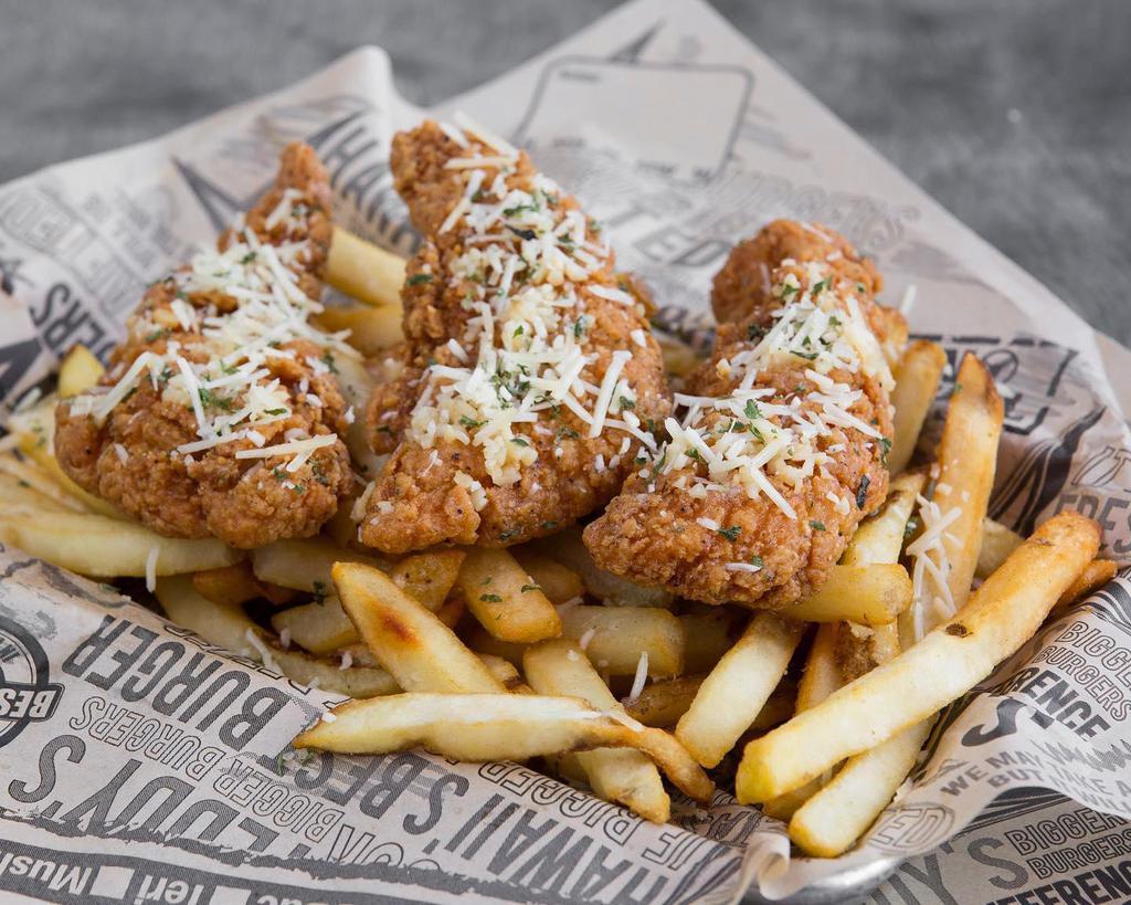 Garlic Chicken Basket · 3 crispy chicken tenders are tossed in our garlic butter, then sprinkled with Parmesan and parsley.