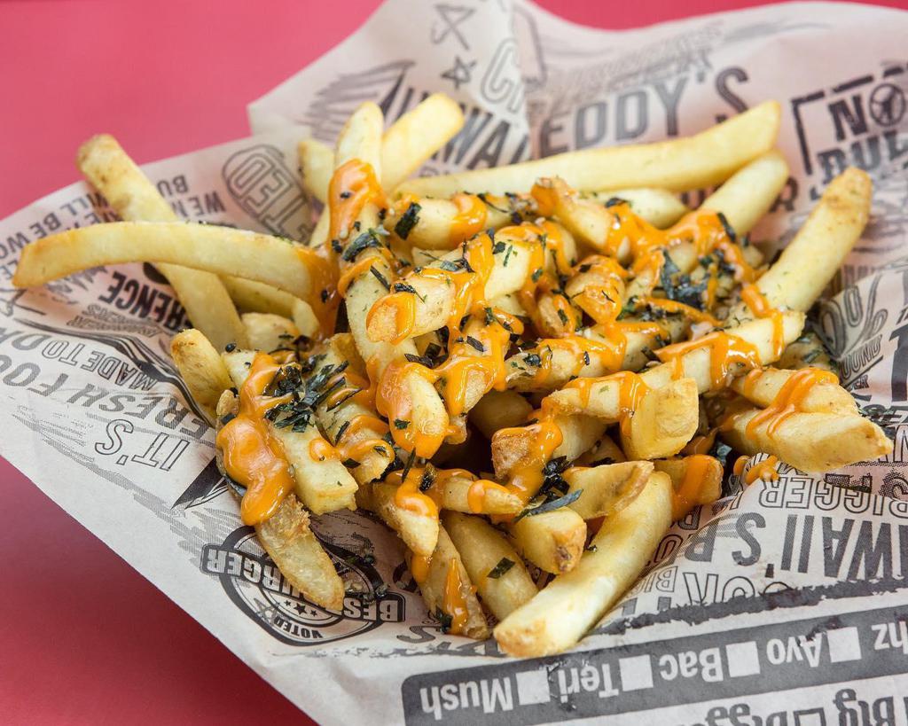 Umami Fries · Crispy fries tossed in our garlic butter, and topped with furikake and a Sriracha aioli. They are spicy, but not hot!