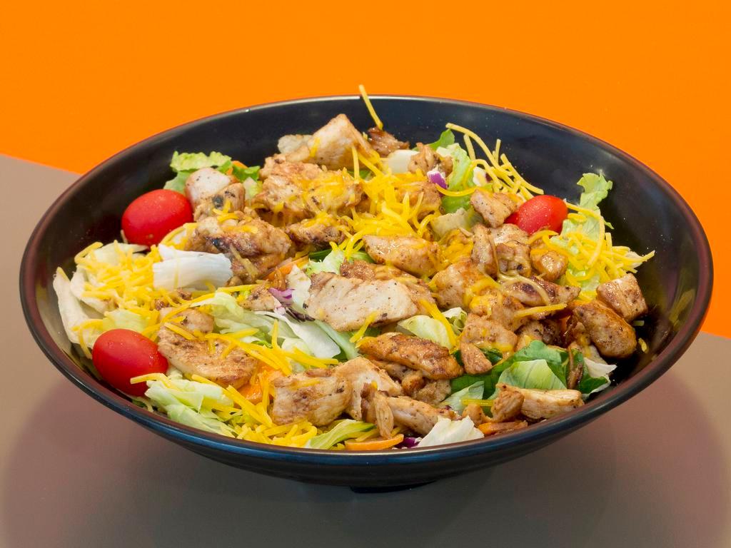 Grilled Chicken Salad · Blend of iceberg and romaine lettuce topped with marinated grilled chicken breast, carrots, tomatoes, red cabbage and cheddar cheese with your choice of dressing.