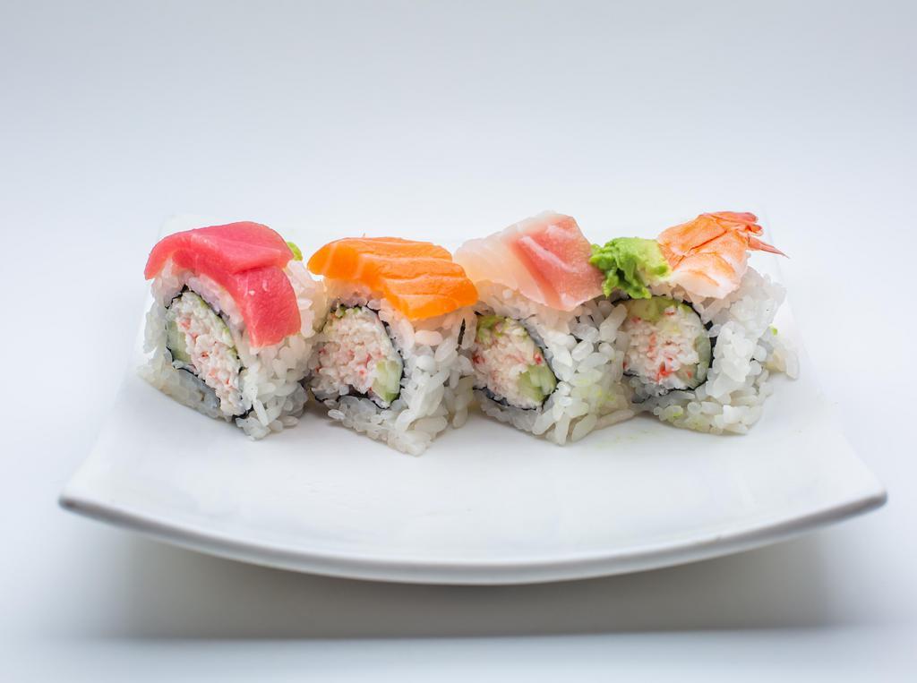 Rainbow Roll  · 8 pieces. Crabmeat, avocado, and cucumber topped with tuna, salmon, snapper, shrimp and avocado.