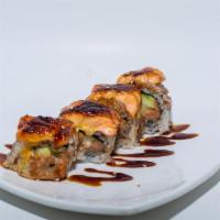 Baked Salmon Roll · Baked. Spicy tuna and avocado topped with salmon.