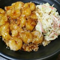 Shrimp Teriyaki bowl · Shrimp Teriyaki on the top, white rice or fried rice on the bottom, crabmeat cabbage salad. ...