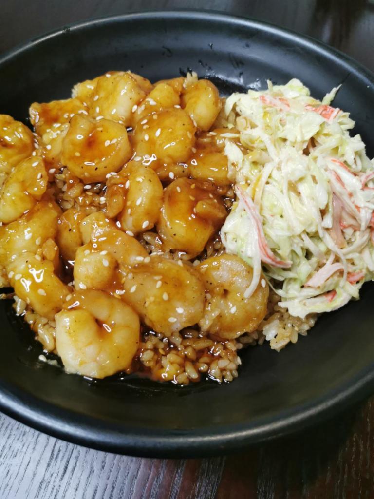 Shrimp Teriyaki bowl · Shrimp Teriyaki on the top, white rice or fried rice on the bottom, crabmeat cabbage salad. Served with miso soup,