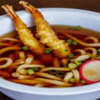 Shrimp Tempura Udon Soup · Thick wheat flour noodles.