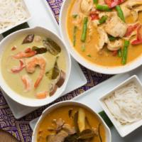 Red Curry · Eggplant, bamboo shoot, basil, coconut milk and bell pepper. Served with rice.