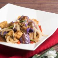 Garlic Tofu and Eggplant · Sauteed with string bream bell pepper, onion, scallions and garlic sauce.