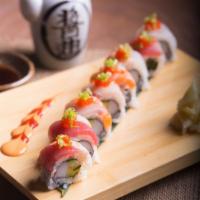 Rainbow Roll · California roll topped with tuna, salmon, yellowtail, fluke, shrimp, scallion and masago.