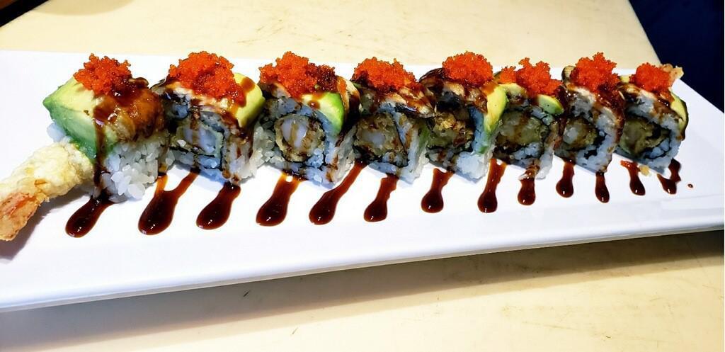 Samurai Roll · Shrimp tempura topped with eel, avocado, eel sauce and masago.