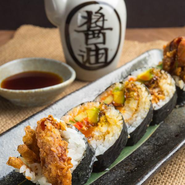 Spider Roll · Soft shell crab, avocado, cucumber, masago, eel sauce and spicy mayo.