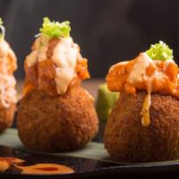 Fried O-Nigiri · Fried rice balls filled with mozzarella cheese and topped with spicy tuna, spicy salmon, kan...