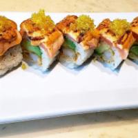 Poseidon Roll · Shrimp tempura, avocado topped with cooked salmon, spicy mayo, yuzu tobiko in a soybean wrap.