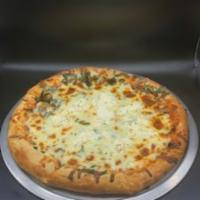 Spinach Ricotta Pizza · Marinara sauce, spinach, chopped garlic, ricotta, and mozzarella cheese.