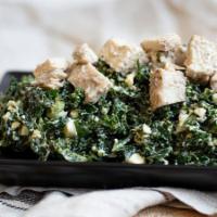 Kale Chicken Caesar Salad · (wheat-free) Kale, grilled chicken breast, hard-boiled egg, and Parmesan in our Caesar dress...