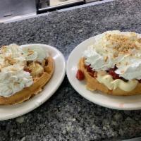Strawberry Cheesecake Waffle · Thick cake made from leavened batter or dough
