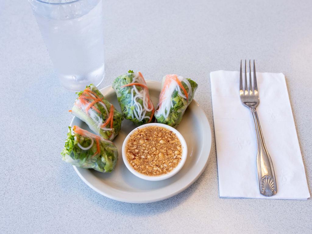 4. Fresh Spring Rolls · 2 pieces. Rice noodles and vegetables wrapped in rice paper served with sweet and sour sauce and crushed peanuts.