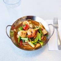 17. Spicy Seafood Deluxe · Shrimp, squid, mussels, crab meat and scallops sauteed with chili, bamboo shoots, garlic, gr...