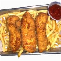 Chicken Fingers and French Fries · Golden brown chicken tenders served with a side of french fries.