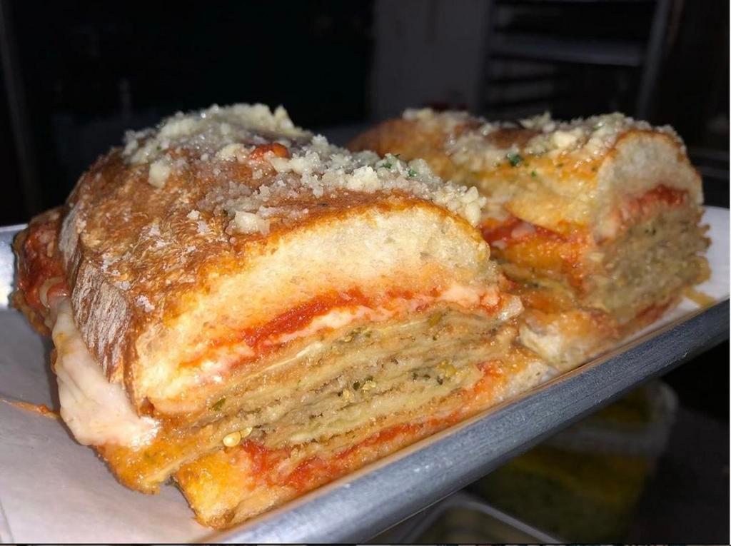 The Hillsdale Sandwich · Breaded eggplant, mozzarella cheese and marinara sauce. Topped with garlic and oil.
