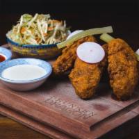 Battered Twice Fried Chicken · Wings, Asian slaw, Pickle Celery, Miso Ranch and Red Dragon.