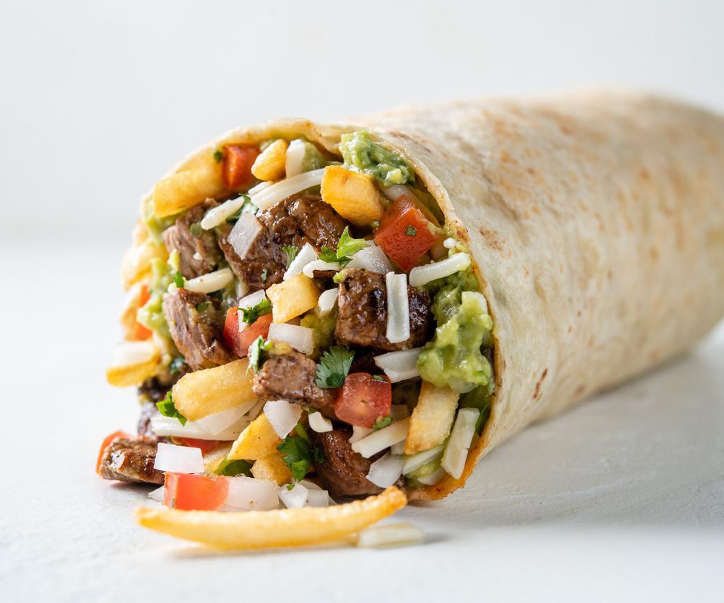 California Burrito · Choice of protein, crispy french fries, guacamole, lime, cheese and choice of salsa.
