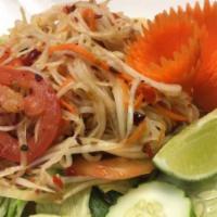 13. Racha Som Tum Dinner · Papaya salad. Shredded papaya, tomato, carrot, lime juice, fish sauce, fresh ground chili an...
