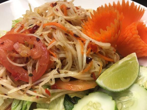 13. Racha Som Tum Dinner · Papaya salad. Shredded papaya, tomato, carrot, lime juice, fish sauce, fresh ground chili and garlic. Medium spicy.