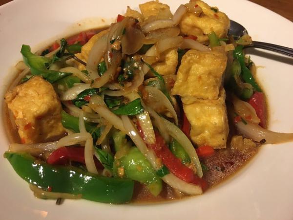 V17. Pad Kapau Tofu Dinner · Crispy tofu stir fried with basil, red and green bell pepper, onion, chili and garlic. Medium spicy.