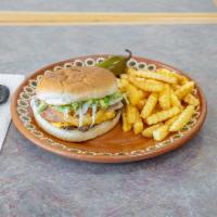 Salchiburger · Fresh patty, ham, sausage, cheddar, avocado, lettuce, tomatoes, mayo & mustard.