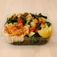 Greek Salad · Baby kale, cucumber, spinach, tomato, hummus, za'atar.
