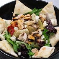 Grilled Chicken Salad · Artichokes, sun-dried tomatoes, blue cheese & balsamic dressing.