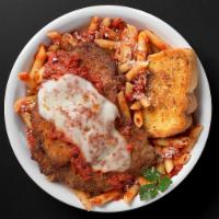 Chicken Parmigiana · 2 crispy breaded chicken breasts, topped with tomato sauce, and mozzarella, served with penn...