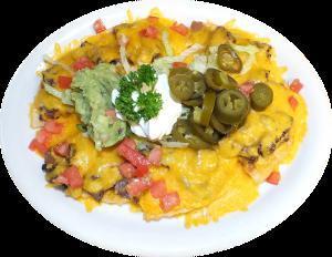 Shrimp Nachos · Corn tortilla chips topped with beans and cheese. Served with guacamole, jalapenos and sour cream.