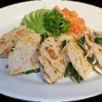 Chicken and Spinach Quesadilla · Flour tortillas filled with grilled chicken, fresh spinach and monterrey Jack cheese. Served...