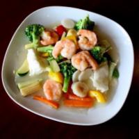 Jumbo Rainbow Shrimp · White sauce with broccoli, carrots, snow peas, water chestnuts, mushrooms, cabbage and squash.